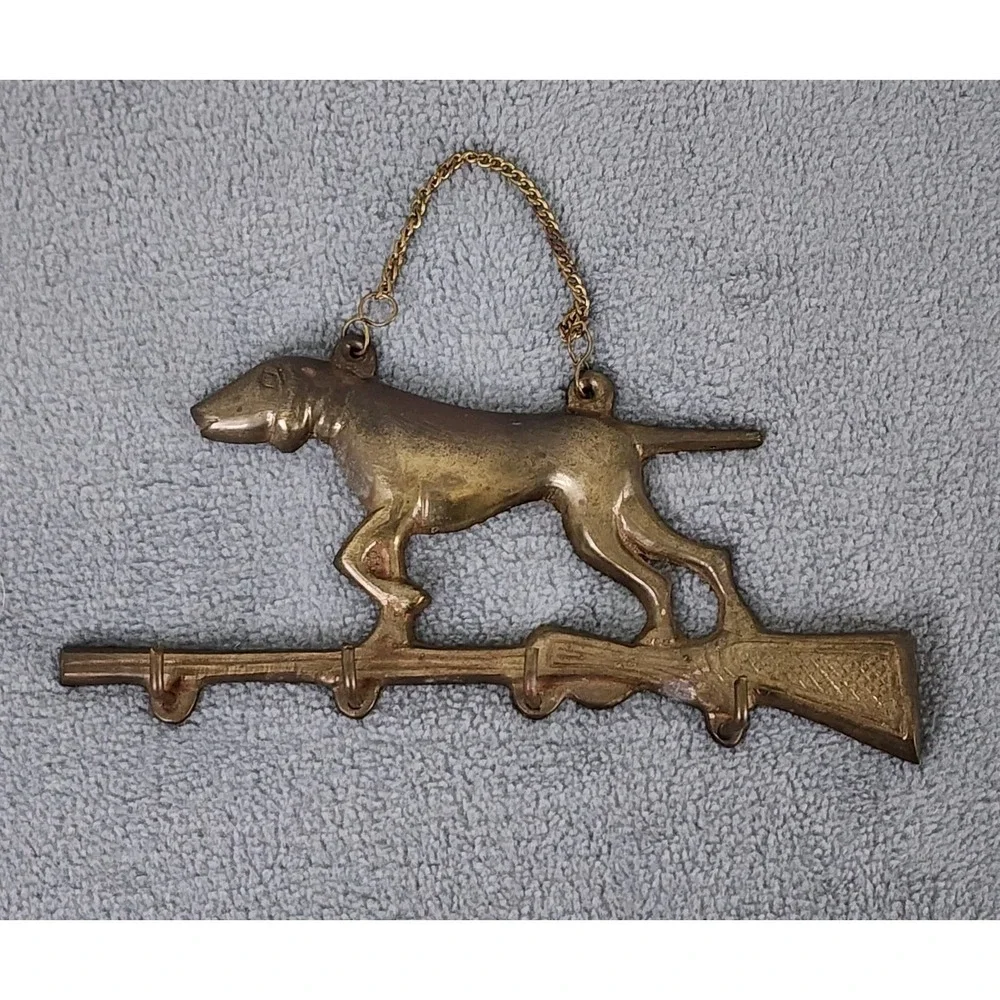 Vintage Solid Brass Dog Rifle Key Holder Vintage Hunting Collectible